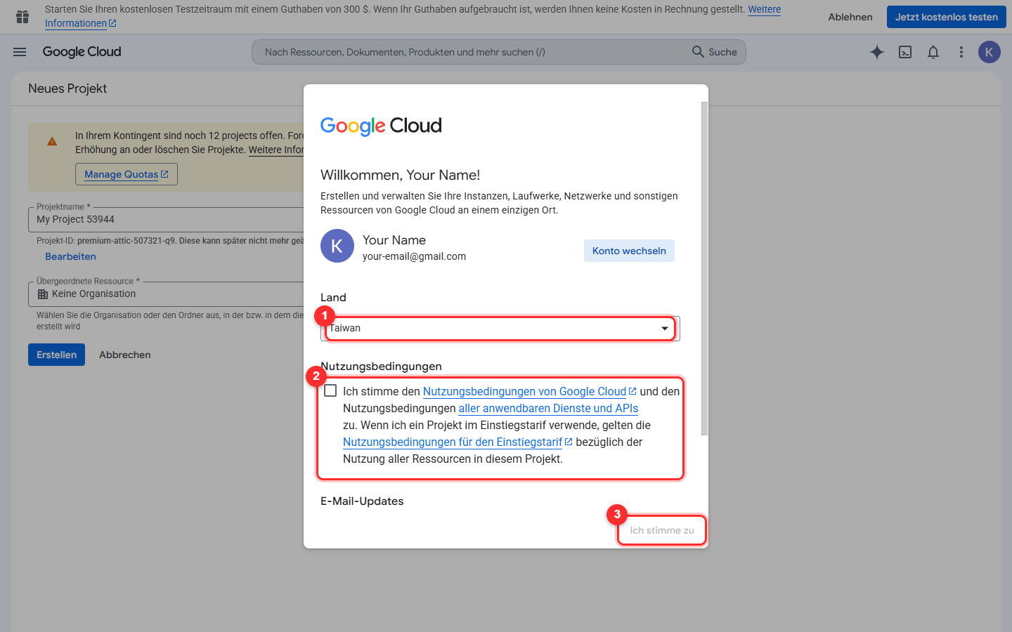 Google Cloud beim ersten Mal: ① Land, ② Bedingungen zustimmen, ③ weiter