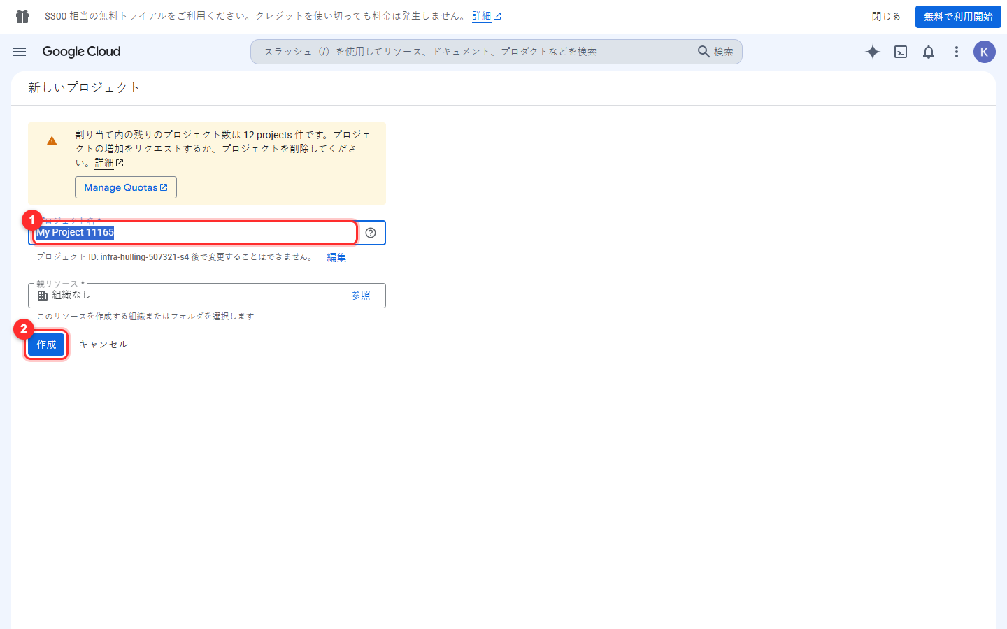 手順6：プロジェクトに名前をつけて作成する